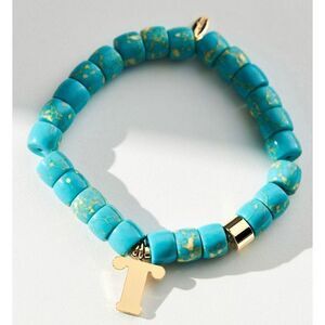 Anthropologie Beaded Monogram  T Charm Stretch Bracelet
